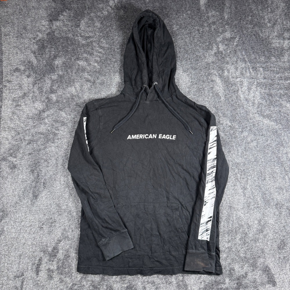 American Eagle Mens Super Soft Hoodie Black Graphic Sleeve Logo XS Standard Fit